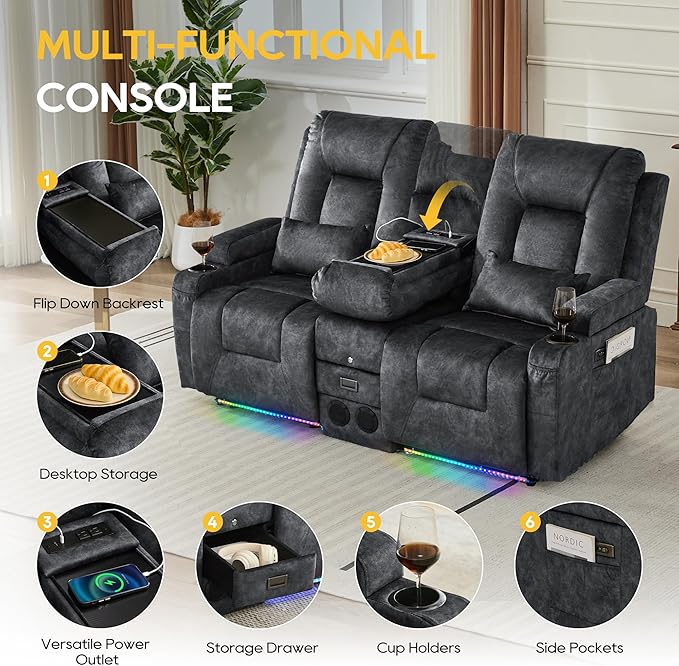IPKIG Power Recliner Loveseat with Console Zero Wall Hugger Sofa Couch Velvet 2-Seater Sofa with LED Lights AC Outlets USB Ports Cup Holders Grey | Storage Drawer Bluetooth Speaker Living Room