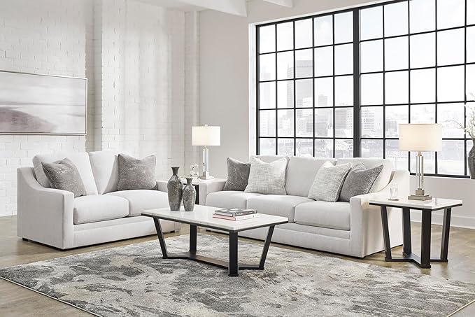Signature Design by Ashley Maitelynn Contemporary Sofa with Accent Pillows Reversible Cushions and Sloped Arms Light Gray