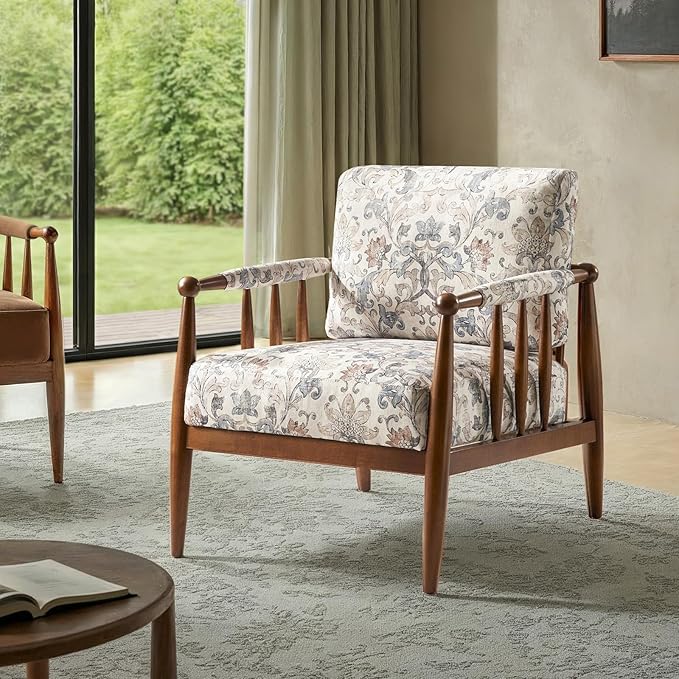 HULALA HOME Modern Accent Chair with Solid Wood Frame and Armrests Comfy Upholstered Armchair for Living Room Bedroom No Assembly Required Damask