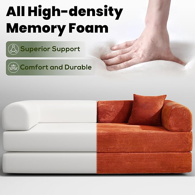 79 Convertible Sofa Bed Boneless Corduroy Sleeper Foldable Modular Couch Memory Foam Compressed Sofa in A Box Folding Mattress Floor Couch for Small Space Living Room Apartment Bedroom Orange