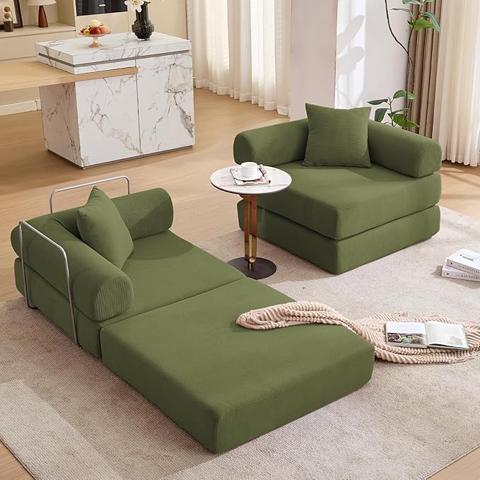 73 Convertible Modular Folding Sofa Bed 5-in-1 DIY Combination Fold Out Sleeper Sofa Bed Loveseat sleeper Couch with Removable Armrests Corduroy Floor Couch Small couches for small spaces Green
