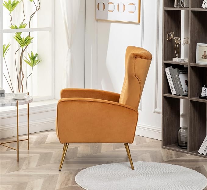 Modern Velvet Accent Chair Channel Tufted Bedroom Office or Living Room Furniture with Elegant Metal Legs 26 Wide Armchair Mustard Yellow