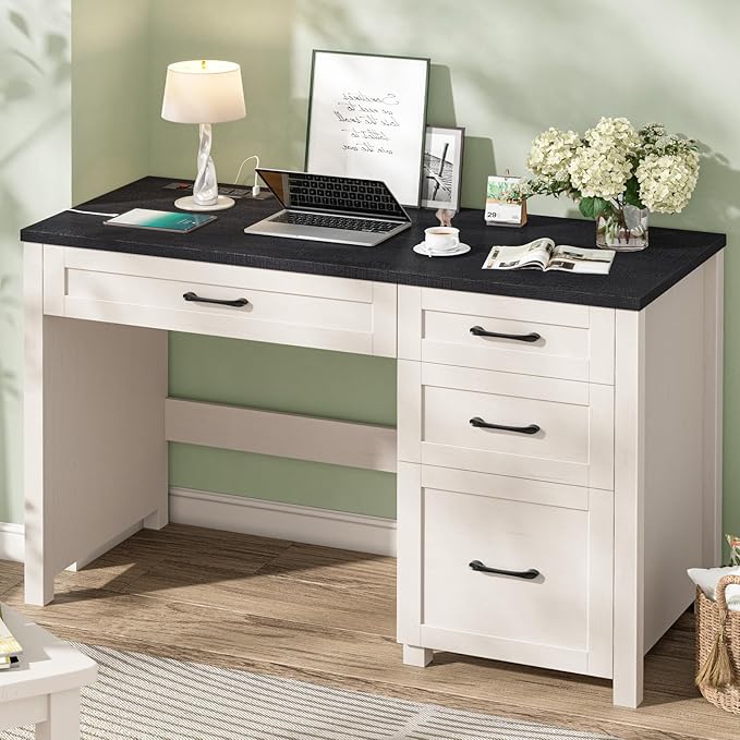 Vabches Farmhouse 47 Executive Desk with 4 Drawers Computer Desk with File Drawer and Charging Station Workstation for Home Office Study.（Black）