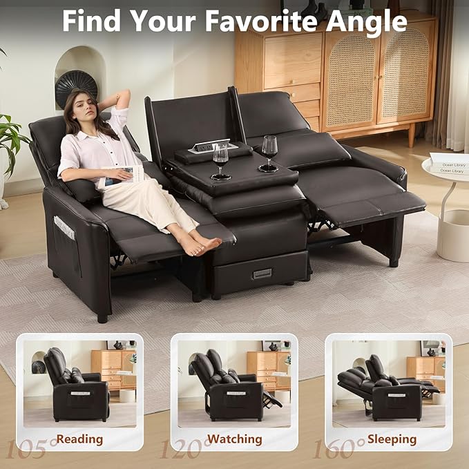 Reclining Loveseat Sofa 3 Seat Manual Recliner Couch with Flip Middle Backrest Console Wall Hugger Storage Drawer &amp Cup Holder for RV &amp Living Room Seating (Dark Brown 3 seat)