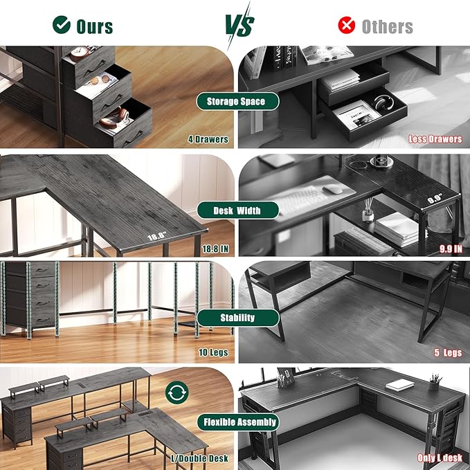 66 L Shaped Computer Desk 94.4'' Home Office Desk with Power Outlets 4 Adjustable Storage Drawers &amp 2 Monitor Stands Large Two Person Gaming Table for Writing Study Grey