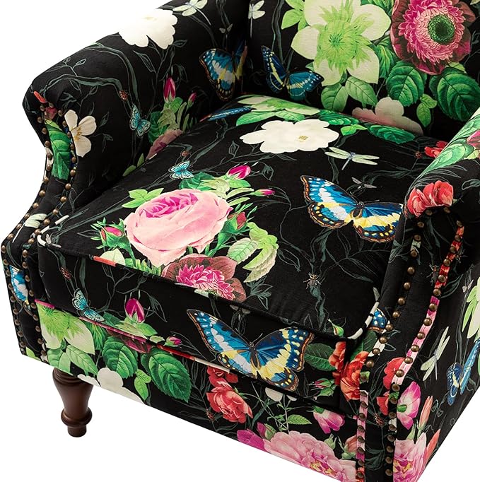 HULALA HOME Wingback Accent Chairs Set of 2 with Floral Pattern Design Traditional Fabric Armchairs with Nailhead Trim and Retro Wooden Legs Black