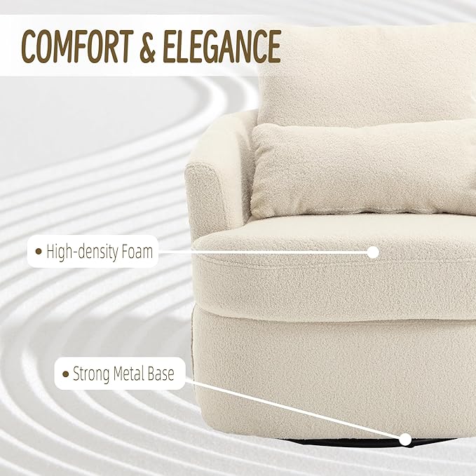 Swivel Barrel Chair Comfy Round Accent Sofa Chair for Living Room 360 Degree Swivel Barrel Club Chair Leisure Arm Chair for Nursery Hotel Bedroom Office Lounge (WhiteTeddy)
