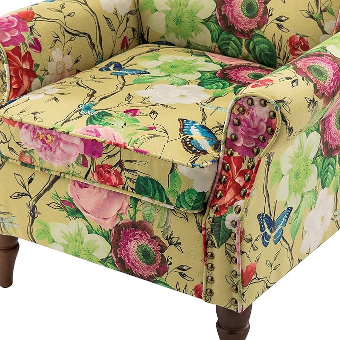 Wingback Accent Chair with Wood Legs Modern Comfy Upholstered Armchair with Removable Cushion and Nailhead Trim Floral Pattern Single Sofa Reading Chair for Living Room Bedroom