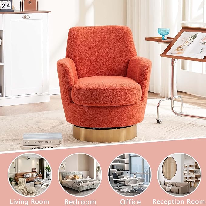 Teddy Swivel Accent Chairs for Living RoomComfy Swivel Barrel Chair with Foam Cushion Round Swivel Chair &amp Boucle Swivel Chair with High Back Round Armrest Gold Base (Orange)
