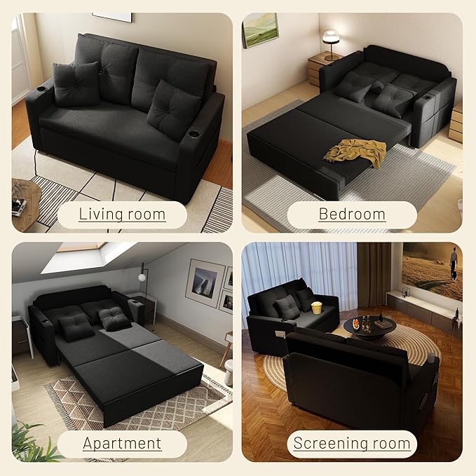 3 in 1 Sofa Bed 56 Inch Convertible Pull Out Couch Loveseat Sleeper Sofa with Cup Holders USB Couch Bed for Living Room Bedroom Apartment Black