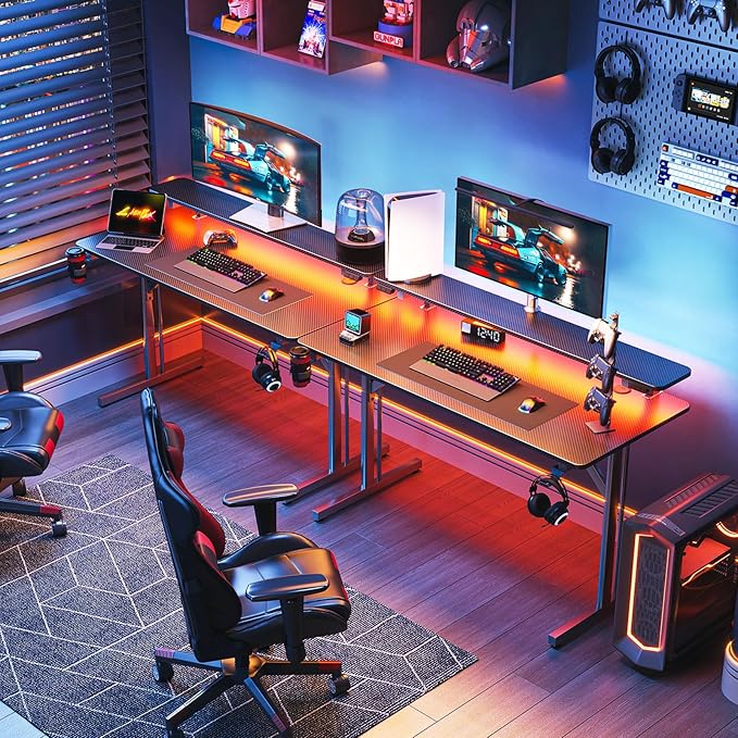 MOTPK 39 Inch Small Gaming Desk with LED Lights Computer Desk Gaming Table with Monitor Shelf Gamer Desk with Carbon Fiber Texture Kids Boys Desk Gift for Men