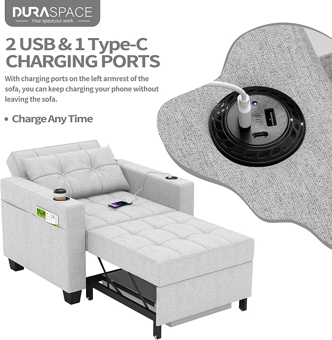 DURASPACE 36.6 Futon Chair Bed Convertible Chair 3-in-1 Pull Out Sleeper Reading Chair Beds with USB Armchair Sleeper Bed for Living Room Dorm Small Space (Light Gray Linen)