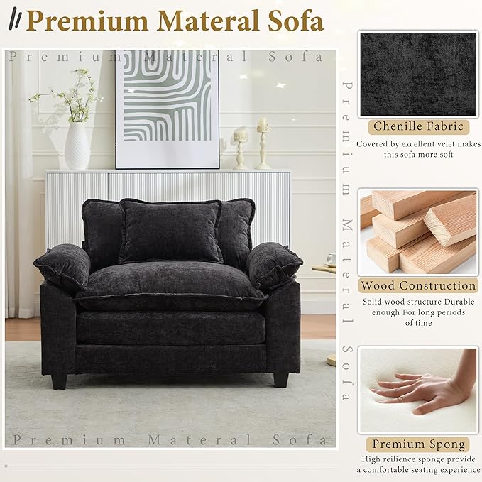 URRED Cloud Couch Accent Chair Oversized Chenille Armchair with Deep Wide Seat and Upholstered Armrests Black – Modern Lounge Chair for Bedroom or Living Room
