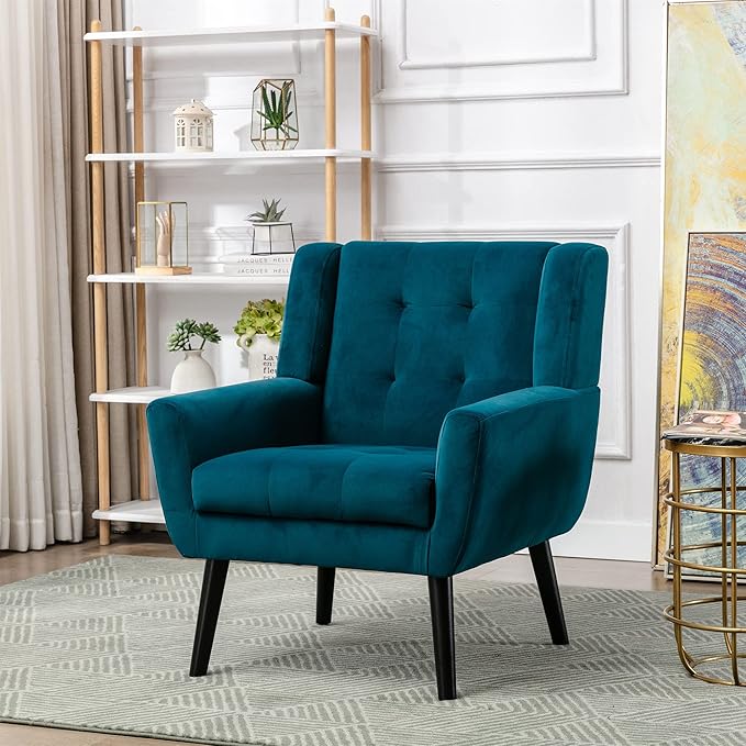 Modern Velvet Accent Chair/Living Room Chair/Arm Chair/Lounge Chair with Solid Wood LegsSuitable for Clubs Living Rooms Offices Balconies (Teal)