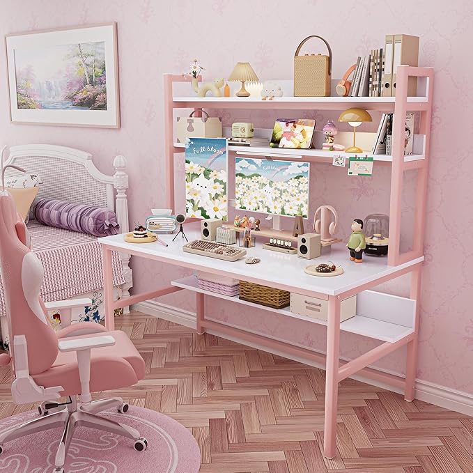 Aquzee Pink Desk with Hutch for Girls 55in Computer Desk with Bookshelf for Teens Adults Craft Table for Bedroom Kids Room White Pink Study Table with Shelves for Storage