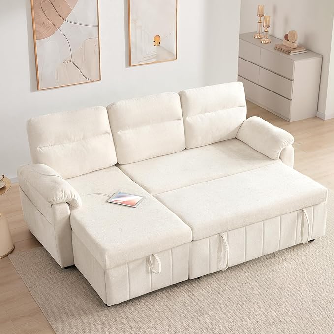 Tbfit 84'' Sleeper Sofa Bed 3 in 1 Cloud Pull Out Sofa Couch with USB &amp Storage Chaise Convertible Sofa Bed with Pull Out Bed Couches for Living Room Apartment Office White Sherpa