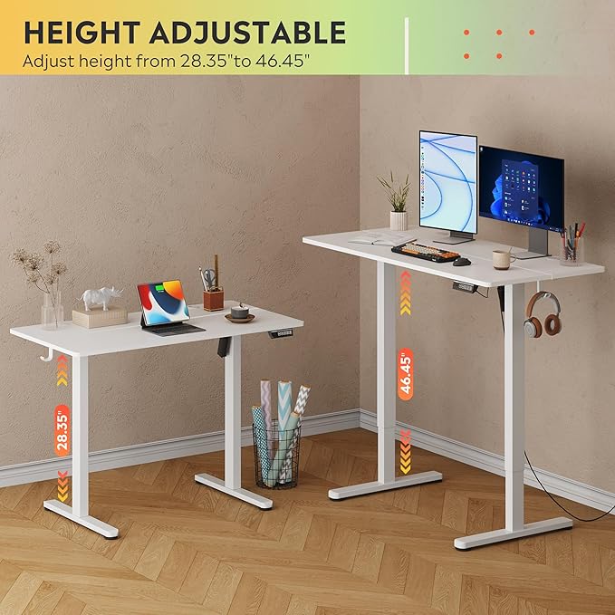 DEVAISE 48 Inch Electric Standing Desk 3 Adjustable Height Stand up Desk for Home Office Ergonomic Sit to Stand Desk with LED TouchscreenHeadphone Hook 3 Memory Preset Computer Desk (White)