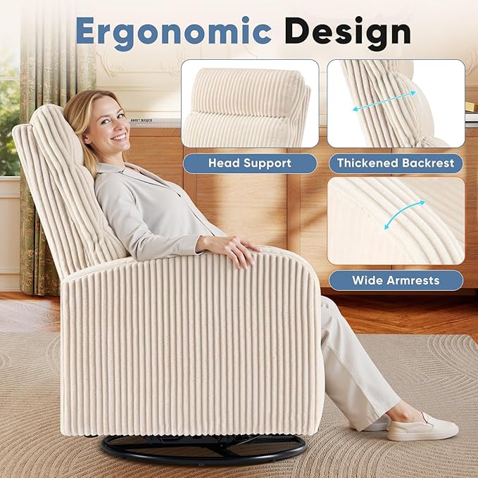 DUMOS 360°Swivel Nursery Chair Comfy Chair for Bedroom Rocking Chair with Thickened Seat Cushion High Back Sofa Chairs for Living Room Nursery Room and Reading Room Beige