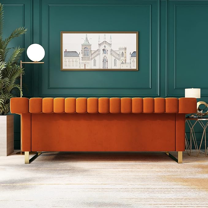 83'' Velvet Couch Sofa Mid-Century Modern Love Seat Chesterfield 3 Seat Couches Sofa for Living Room Apartment (Orange-2 PCS)