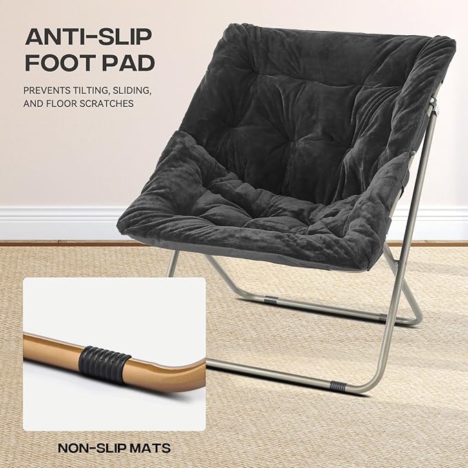 Cozy Saucer Chair Living Room Chair Faux Fur Soft Thick Padded Folding Chair Comfortable Square Moon Chair for Living Room Bedroom Reading Nook Modern Style 2 Pack Black