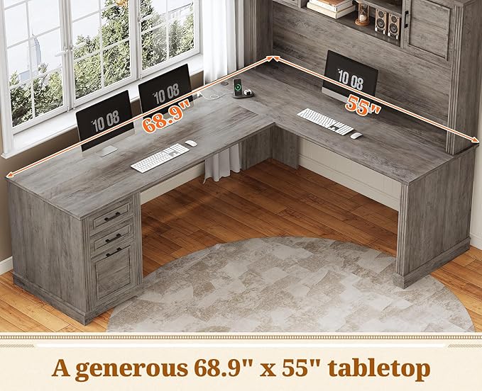 SEDETA Farmhouse L Shaped Desk with Hutch and 3 Drawers 68.9 Executive Office Desk with File Drawer and Power Outlet Corner Computer Desk with Storage Shelves for Home Office (Grey)