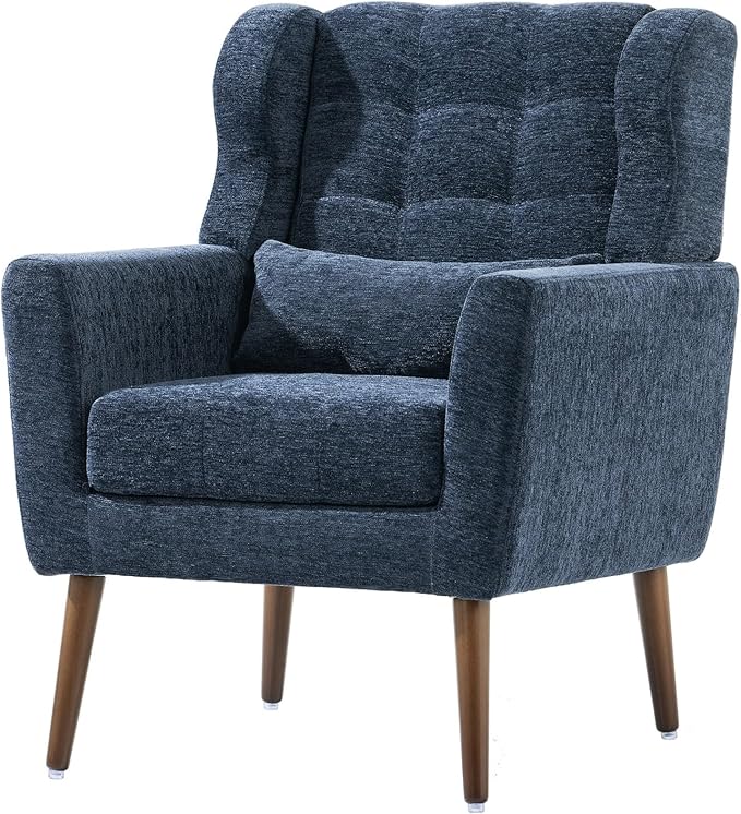 Modern Accent ChairsUpholstered Arm Chairs with PillowMid Century Sofa Chairs with Chenille FabricComfy Reading Chair for Living RoomBedroom (Blue Set of 2)