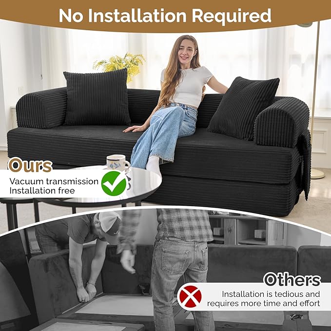 Convertible Corduroy Sleeper Sofa Bed with Cylindrical Pillow Folding Mattress Couch with Fixed-Shape Frame Floor Sofa Lounge Couch for Living Room Bedroom Lounge Studio Black