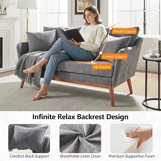 VINGLI 63.5 W Comfy Small Upholstery Love Seat Couch with Soild Rubber Wood Frame 2 Seater Mid Century Linen Fabric Loveseat Sofa Mini Couch with Two Pillows for Small Spaces Bedroom Grey