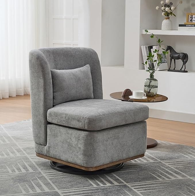 Swivel Accent Chair for Living Room25.2 Modern Chenille 360° Rotating Armless Chair with Metal BaseUpholstered Seat &amp PillowReading Chair for Office &amp Bedrooms (Gray)