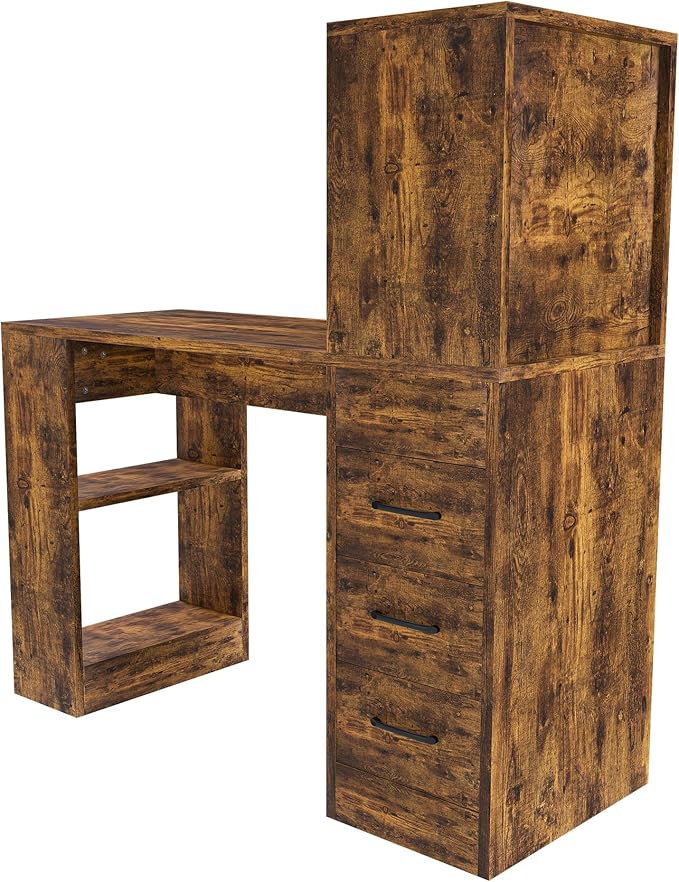 L Shaped Desk with Power Outlets &amp LED Lights Computer Desk with Drawers &amp Bookshelf Modern Corner Desk for Home Office Study Gaming Table Writing Workstation (Brown)