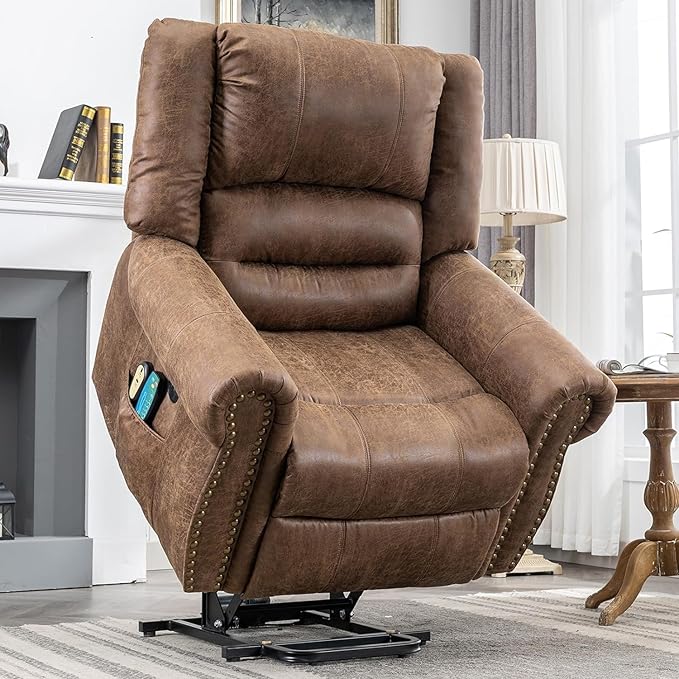MEETWARM Large Power Lift Electric Recliner Chair with Massage and Heat Overstuffed Wide Recliner for Elderly Heavy Duty Recliner for Living Room with 2 Remote Controls/Side Pockets/USB Ports(Brown)