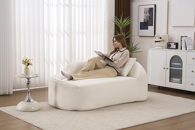68 Curved Loveseat Sofa Modern Chenille Floor Couch with Pillow No Assembly Deep Seat Chaise Lounge for Bedroom Apartment Living Room Milky White