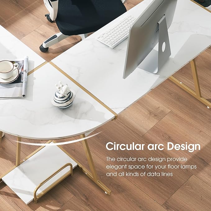 ivinta L Shaped Gaming Desk 58 Modern Corner Computer Desk with Keyboard Tray &amp CPU Stand for Small Spaces Home Office &amp Living Room 7112 (White &amp Gold)