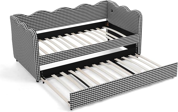 Cozy Gingham Daybed with Trundle Twin Size Sofa Bed No Box Spring Needed with USB Port and Adorable Wave Shaped Linen Fabric Navy (Black)