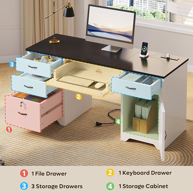 Bestier 59” Office Desk with Lockable Drawers Modern Computer Desk with File Drawer Charging Station &amp Drop-Front Keyboard Drawer Executive Desk with Storage Cabinet for Home Office &amp Studi