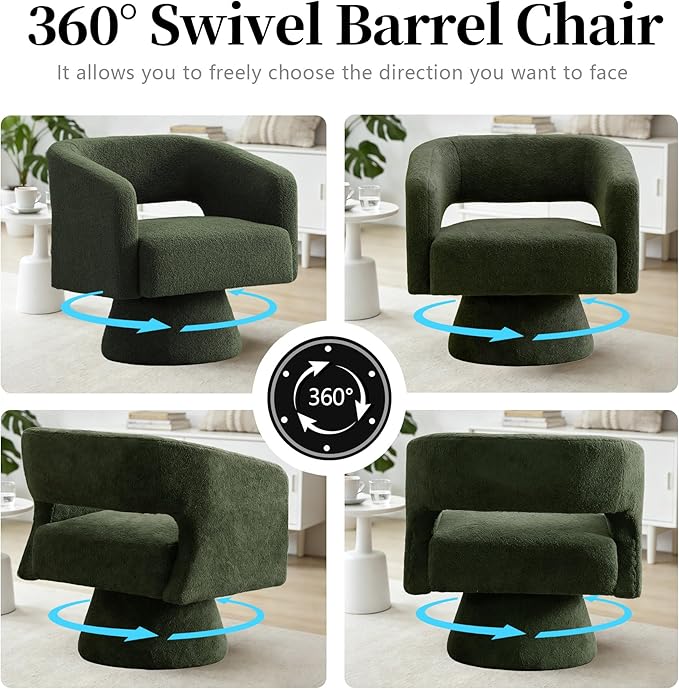 Accent Barrel Chair Set of 2 Modern Teddy Bear Velvet Club Chair 360° Swivel Degree Dressing Chair Suitable for Living Room Reading Room Bedrooms Office Green