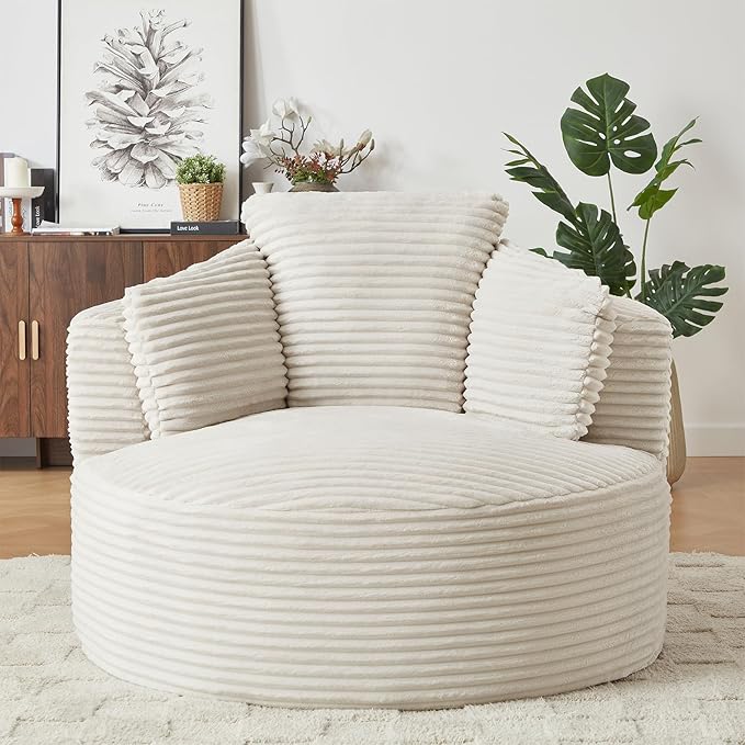 Oversized Round Chair 48W Corduroy Comfy Circle Armchair with Deep Seat &amp 3 Pillows Upholstered Floor Boneless Chair Fluffy Modern Cozy Sofa Chairs for Living Room Bedroom Apartment(White)