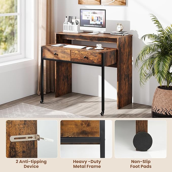 Giantex Small Computer Desk with Hutch &amp Drawers Extendable Writing Desk w/Pull Out Secondary Table Monitor Stand &amp Rolling Wheels Console Table Compact Desk for Small Spaces (Rustic Brown