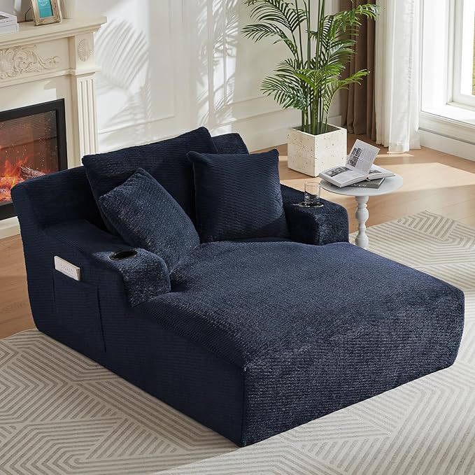 66 Oversized Chaise Lounge Chair Indoor Modern Upholstered Deep Seat Sofa Bed Sleeper Couch Reading Chairs Comfy Corduroy Cloud Sofas Couches for Living Room No Assembly Dark Blue