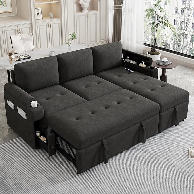 Versatile L-Shaped Sofa Couch Convertible Sofa Bed Chenille Fabric Sectional Sofa with Reversible Chaise Lounge Storage Space 2 Cup Holders and Two USB Ports for Living Room (Black-2C)