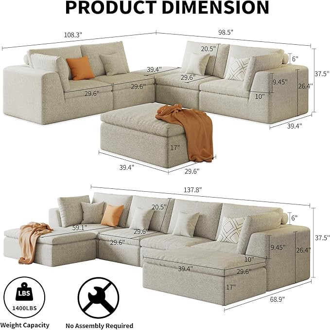 138 Modular Sectional Sofa with Deep SeatOversized U-Shaped Cloud Couch for Living Room 4-Seater with 2 Ottomans Boneless Memory Foam Teddy Fleece SofaNo Tools Assembly Required(Beige2 Ottomans)