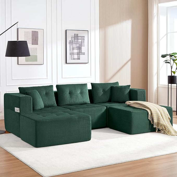 100 U Shaped Modular Sectional Sofa Oversized 5-Seater Boneless Tufted Cloud Couch with Cup Holder and Movable Ottoman Corduroy Upholstery Couches for Living Room No Assembly Green
