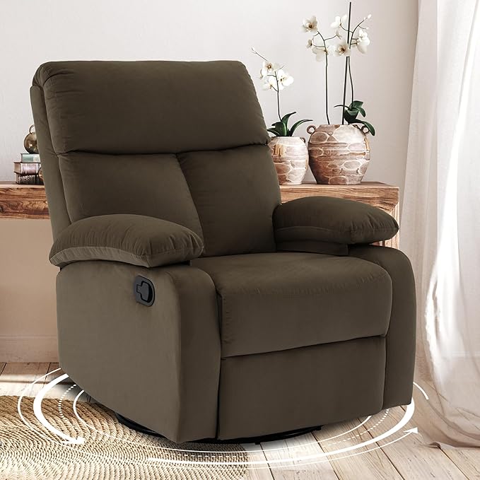 Swivel Rocker Recliner Rocking Small Reclines for Small Spaces Velvet Single Recliner Chair Sofa for Living Room Nursery Bedroom Coffee Brown