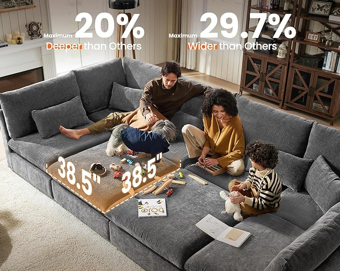 CHIC HOUSE Module for Modular Oversized Couch Corduroy Customizable Chaise Chenille Fabric Ottoman for Sectional Sofa Upholstered Convertible Seater Corner (Single Seater Chenille-Grey)