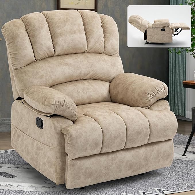 Large Manual Recliner Chair for Living Room Oversized Fabric Reclining Chair with Pillow Top Arms Cushion Back and Smooth Lever Control Heavy-Duty Metal Frame (Beige)