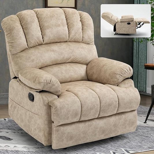 Large Manual Recliner Chair for Living Room Oversized Fabric Reclining Chair with Pillow Top Arms Cushion Back and Smooth Lever Control Heavy-Duty Metal Frame (Beige)