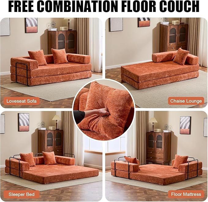 Convertible Sleeper Sofa Bed Compression Folding Sofa with Pillow No Assembly Required Shape Frame Floor Sofas Lounge Couch for Living Room Bedroom Small Spaces (Chenille 77''W Orange)