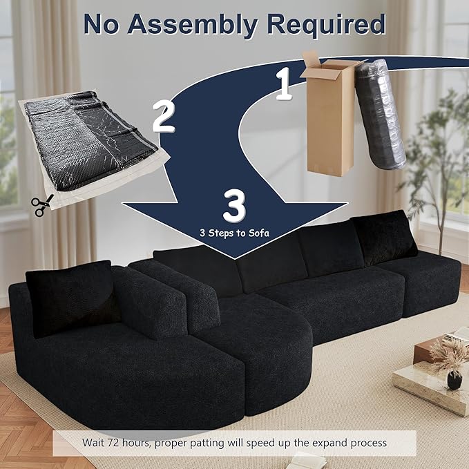 144 Oversized Sectional Sofa with Chaise Lounge Boneless Couches for Living Room Modern Luxury Chenille 5-Seater Sofa Deep Seat U-Shape Curved Cloud Couch No Assembly Required (Black)