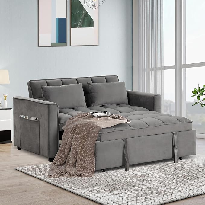 EBELLO 3 in 1 Convertible Sleeper Sofa Bed Modern Loveseat Couch Pullout Bed for Living Room Small Love Seat Lounge Sofa with Reclining Backrest Pillows and Side Storage PocketGrey