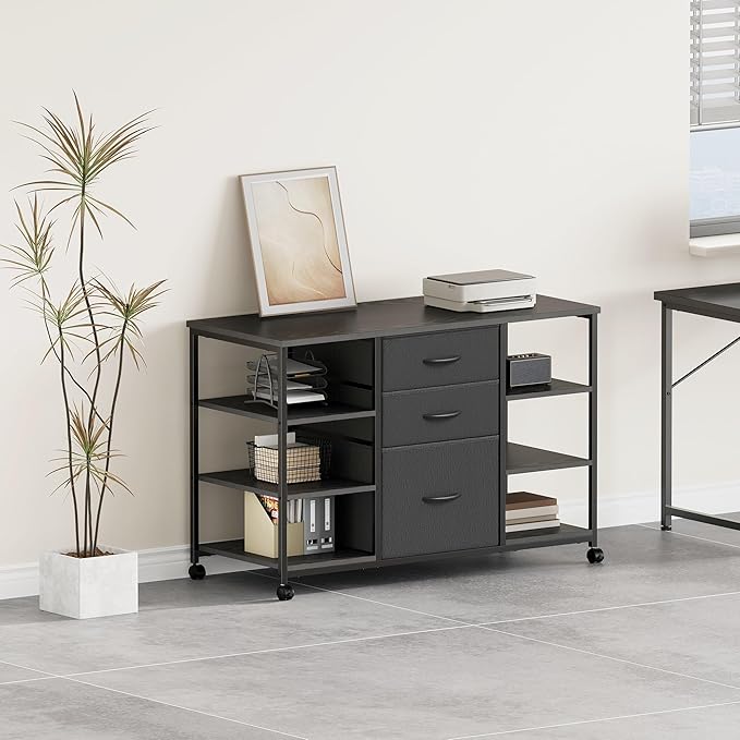 Mobile File CabinetLateral Filing Cabinet with 3 Fabric DrawersRolling Printer Stand with 4 Open Storage Shelf for Home OfficeBlack